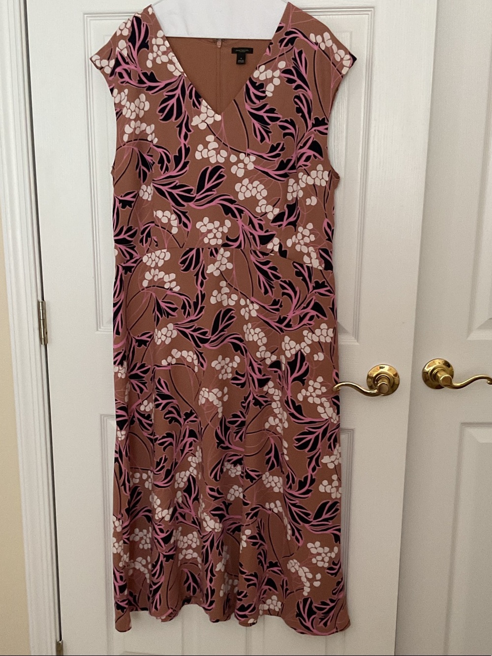 Talbots Brown Floral-Print V-Neck Midi Dress with Pink Accents